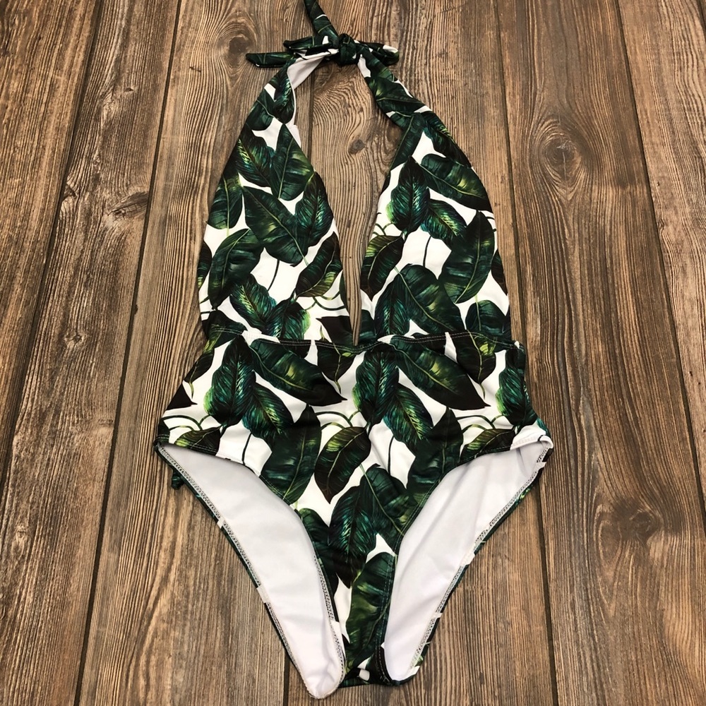 Tropical Green Leaf Pattern Plunge One Piece
